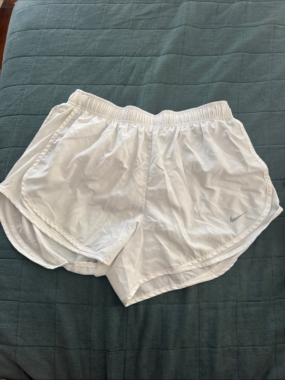 Nike Women's White Athletic Running Shorts with Grey Swoosh